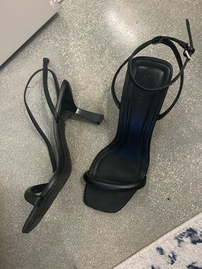 Open Edit Black Strappy Square-Toe Heel Sandals